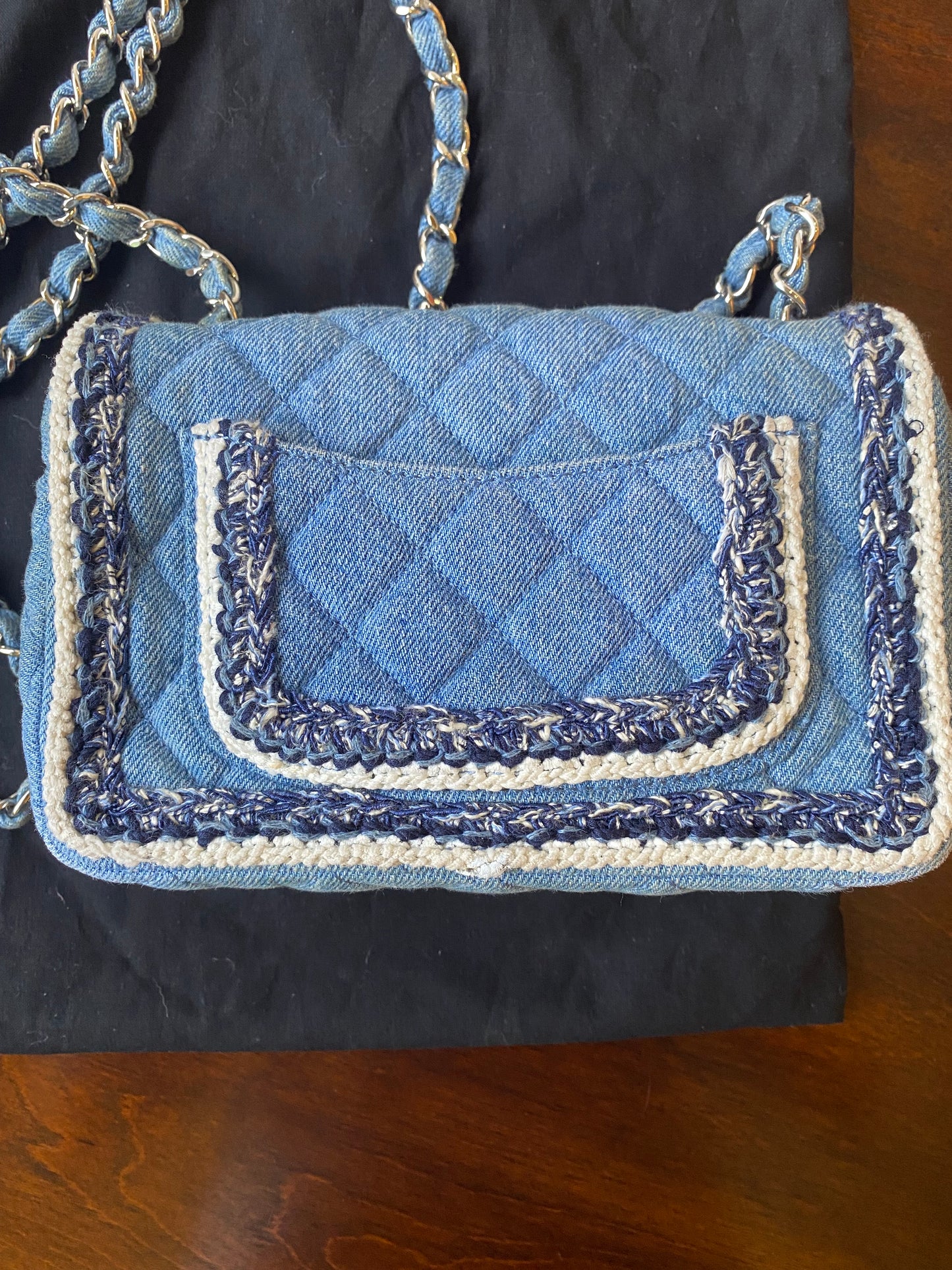 Chanel 2019 Mini Small Light Blue Denim Braided Trim Classic Flap Bag