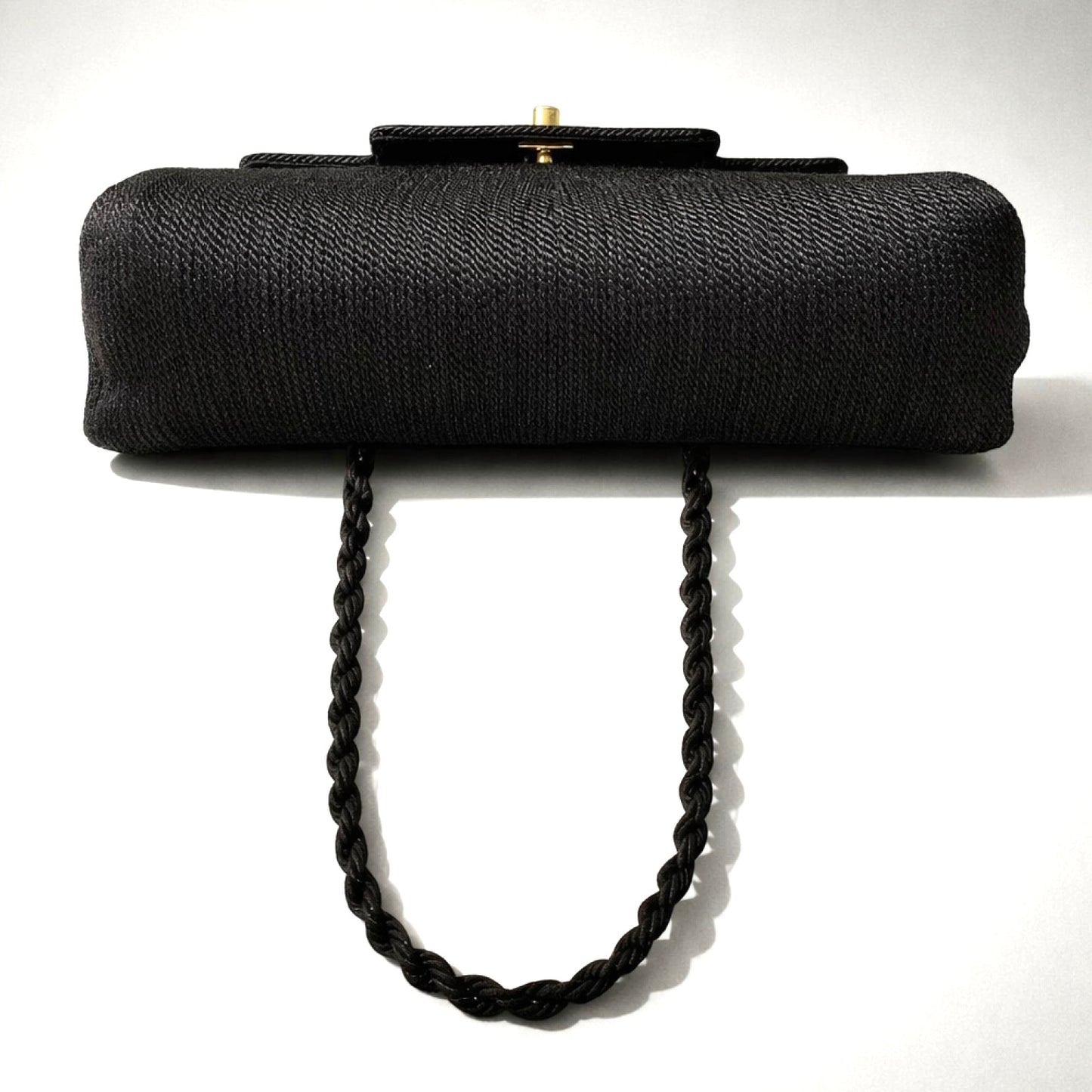 Rare Chanel 1997 Vintage Kelly Black Silk Rope Braided Flap Bag 24K Gold Hardware