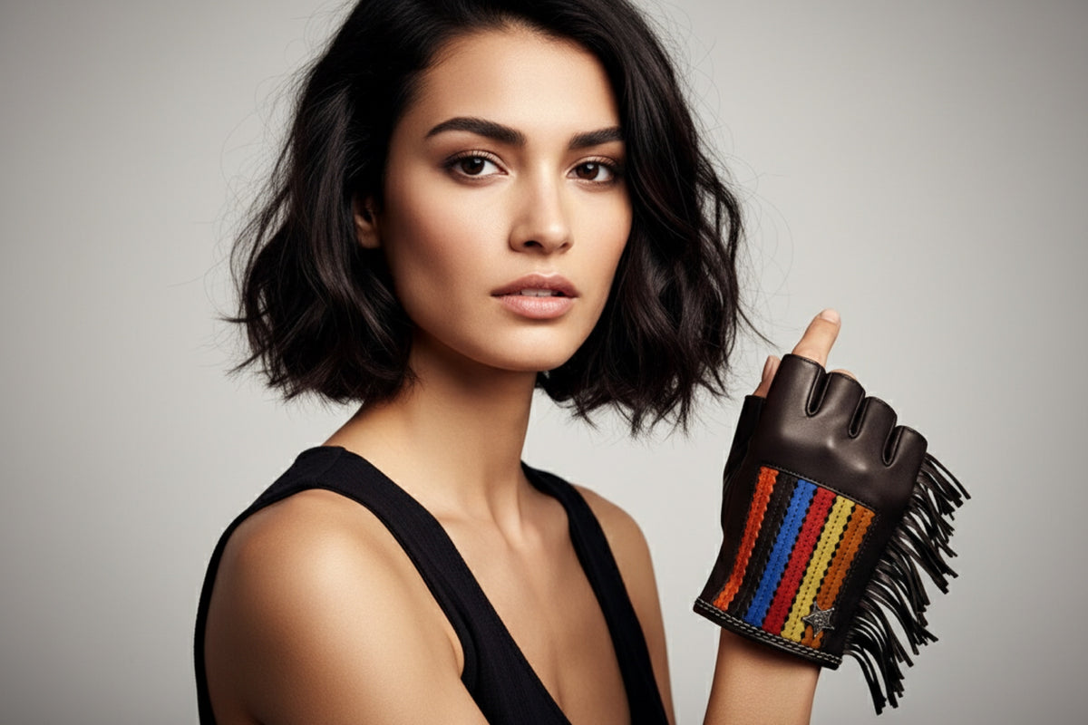 Rare Chanel 14A Paris Dallas Dark Brown Multicolor Gloves Size 8