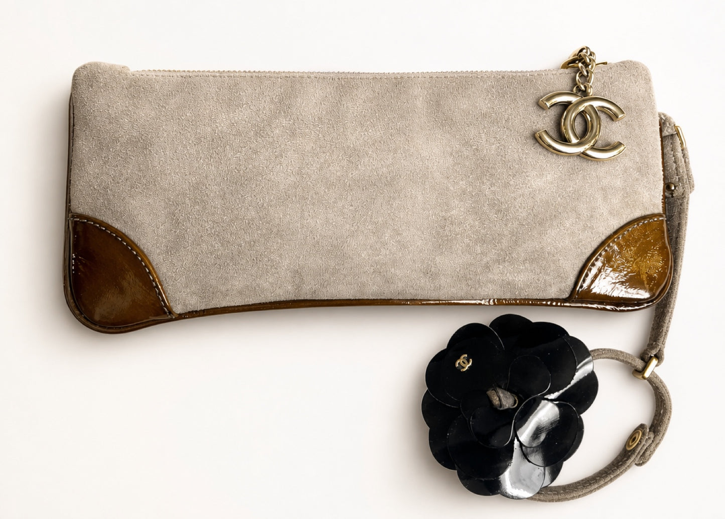 CHANEL TAUPE SUEDE LEATHER CAMELLIA BRACELET WRIST CLUTCH BAG