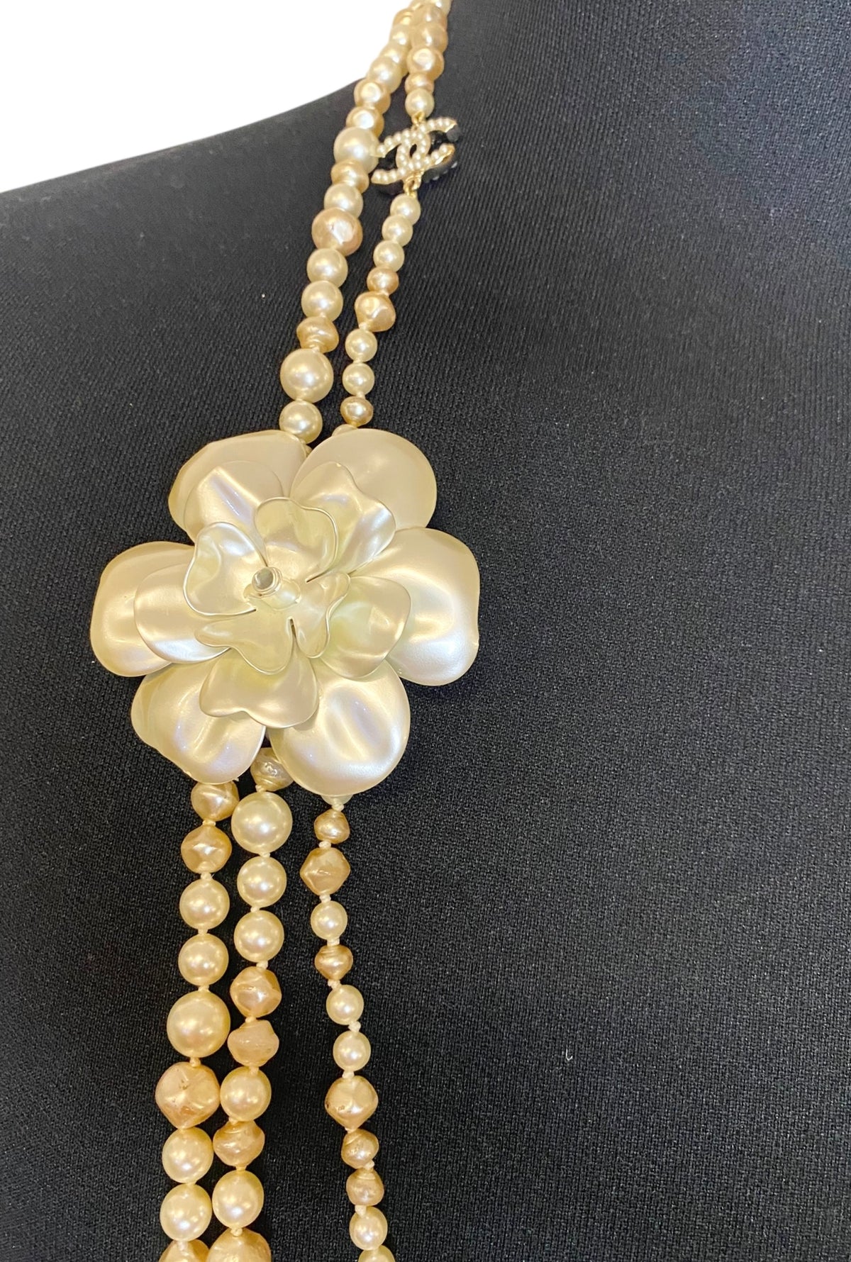 Rare Chanel 09A Extra Long 3 Strand 10 CCs Metal Camellia Long Statement Necklace GHW
