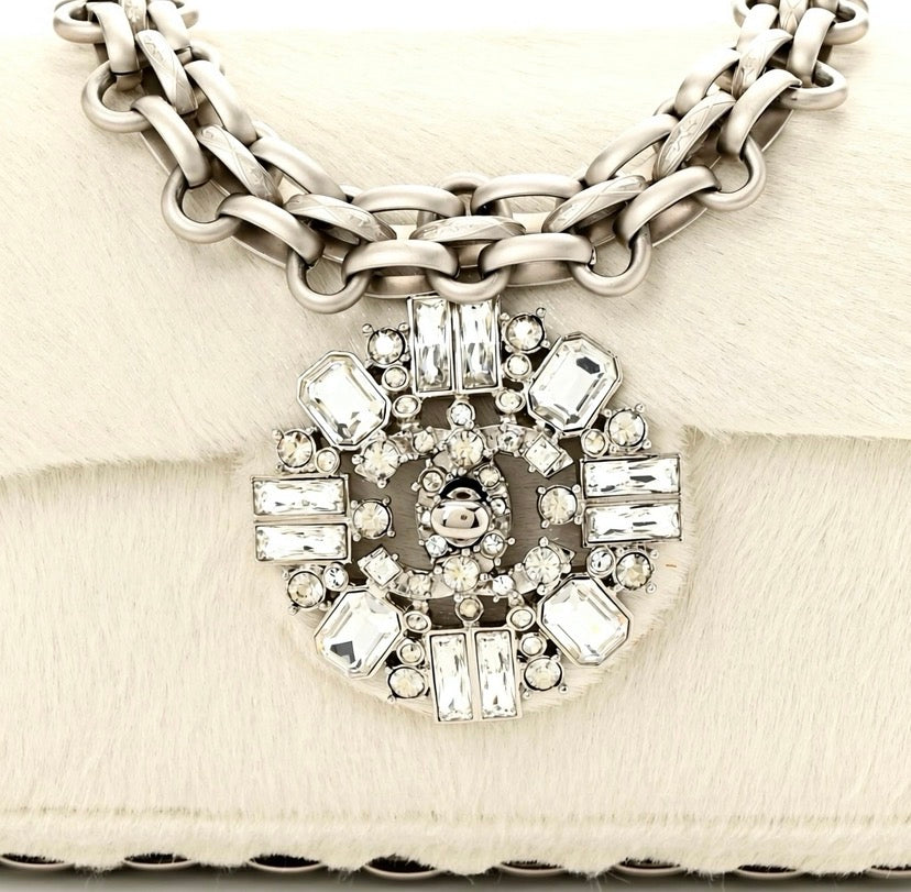 Ultra Rare Chanel 08A Huge Swarovski CC White Pony Classic Medium Flap Bag