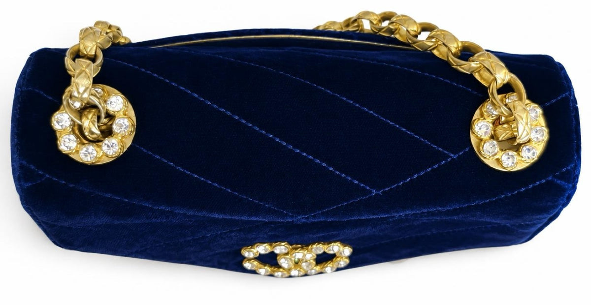 Vintage Chanel 1991-1994 Navy Blue Velvet Crystal 24K Bijoux Mini Square Chevron Classic Flap Bag