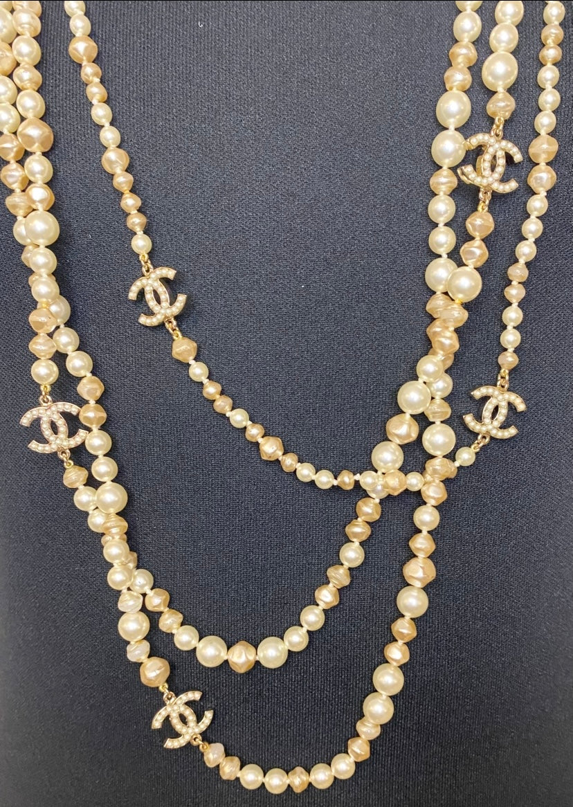 Rare Chanel 09A Extra Long 3 Strand 10 CCs Metal Camellia Long Statement Necklace GHW
