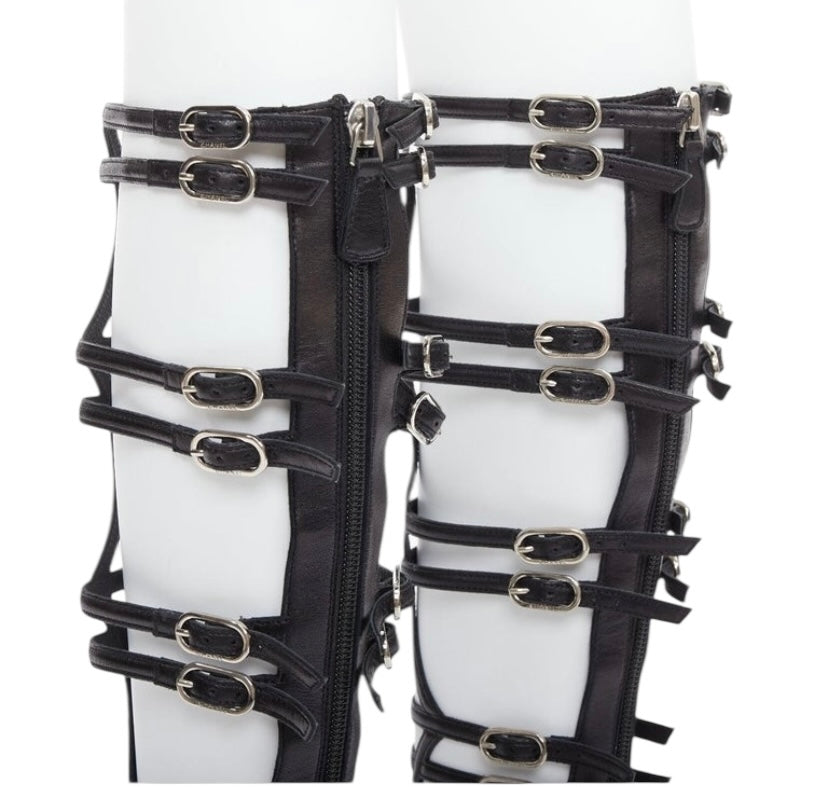 Chanel 2010 Black Leather Interlocking CC Gladiator Wedge Sandals EU 39