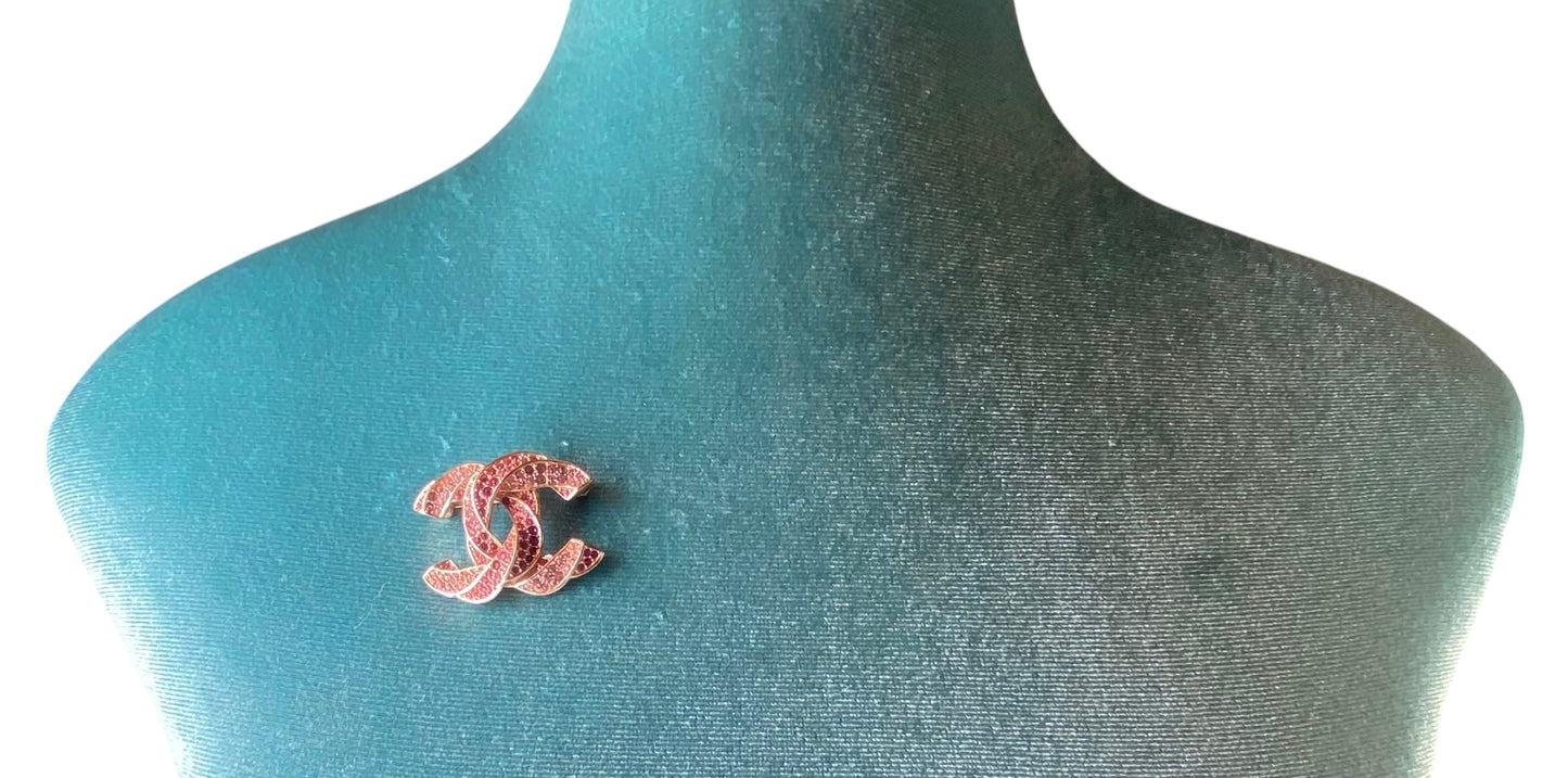 Chanel 2016 Pink Crystal Twisted CC Brooch Rose Gold