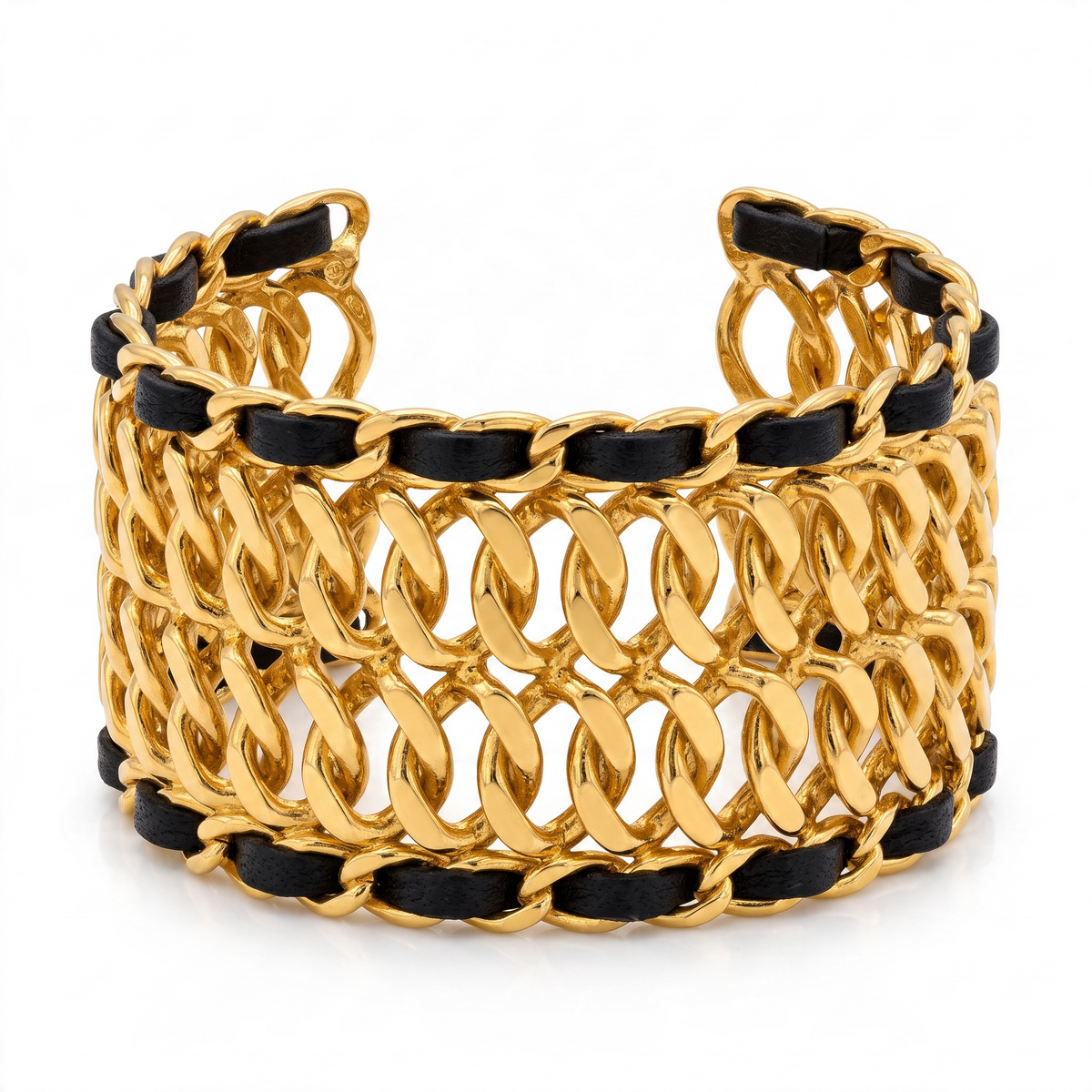 Vintage 80’s Chanel 24K Gold Plated Black Leather Statement Cuff Bracelet