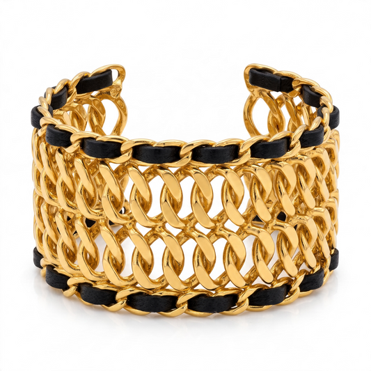 Vintage 80’s Chanel 24K Gold Plated Black Leather Statement Cuff Bracelet