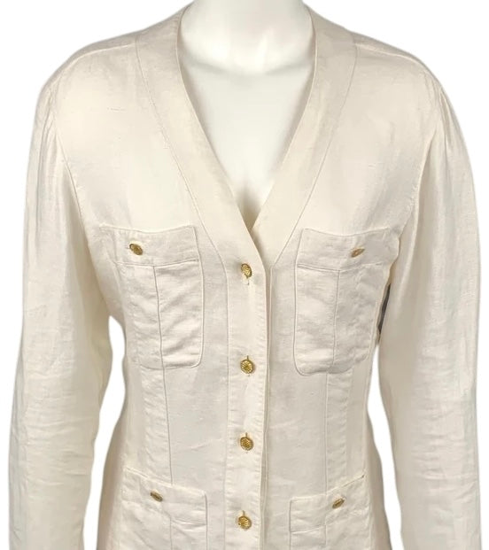 Chanel Vintage 1980s 18 Button Cream Linen Patch Pocket Jacket FR 40/42