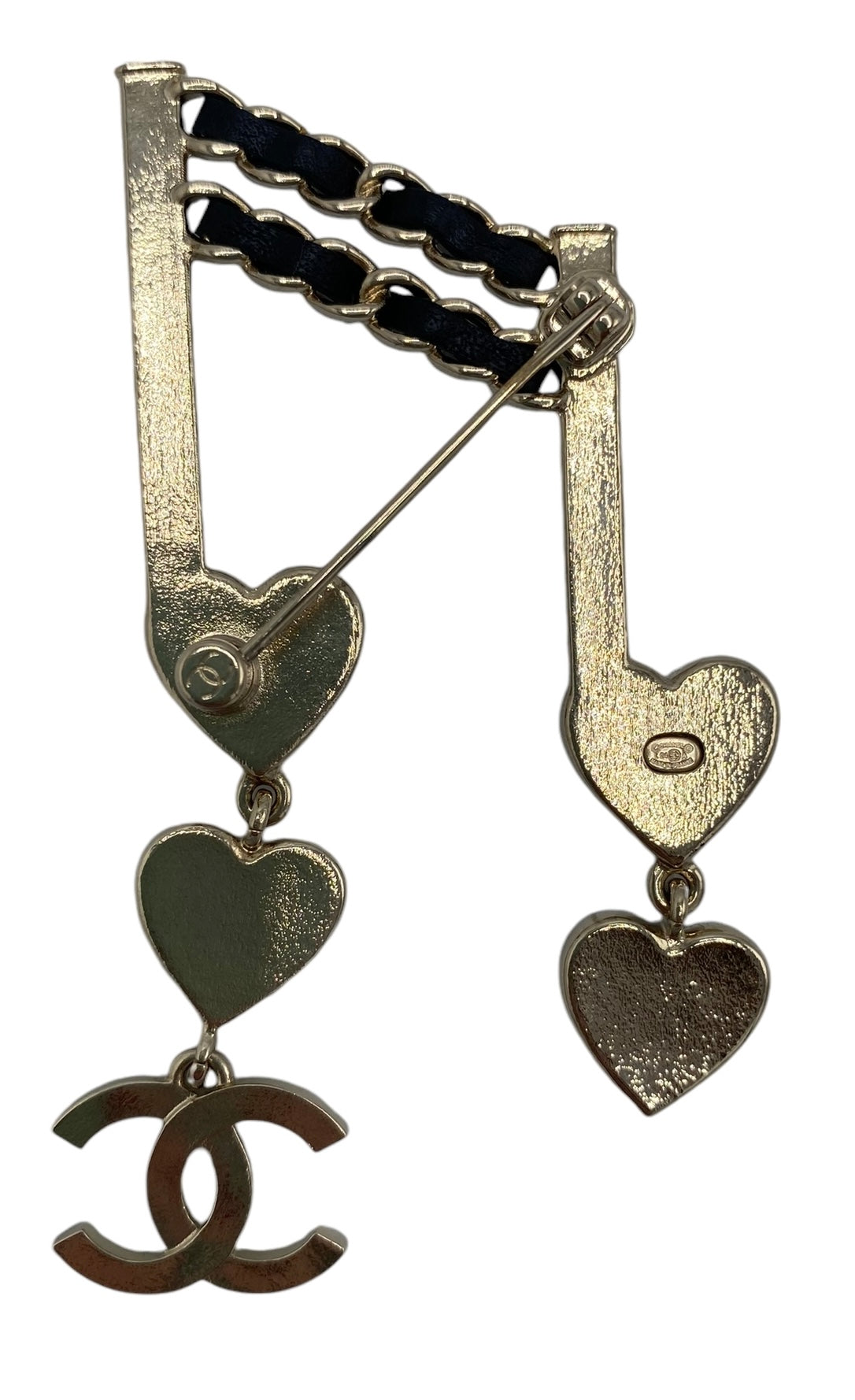 CHANEL 24A LIGHT GOLD MUSIC NOTE HEART CC LOGO BROOCH PIN