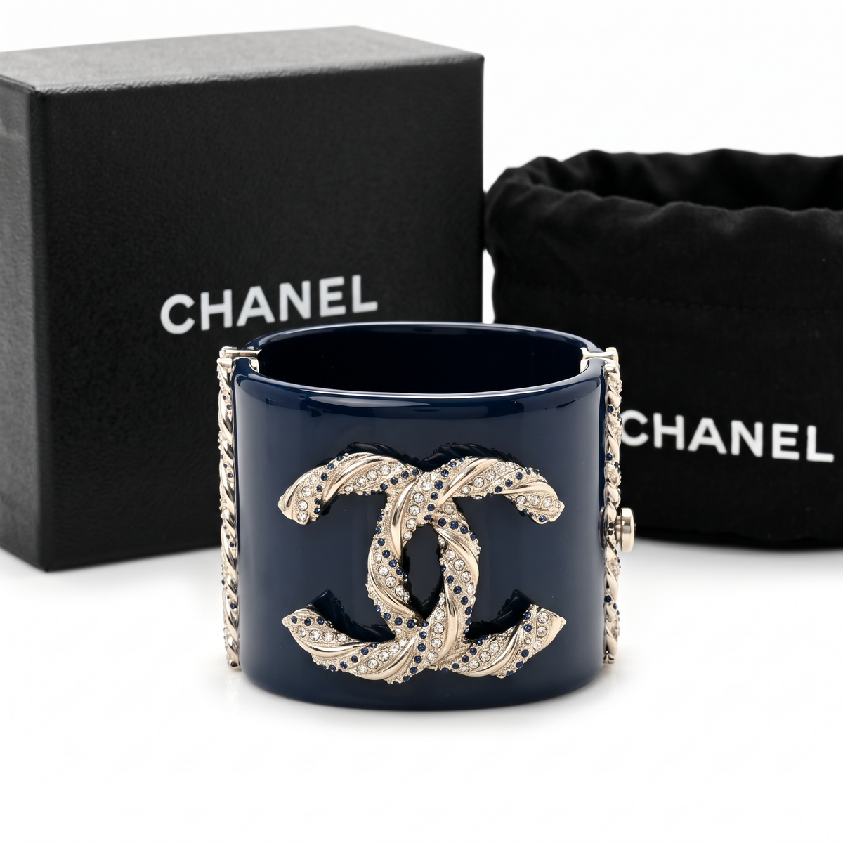 Rare Chanel 13P Navy Blue Silver Crystals Lucite Statement Bracelet Cuff