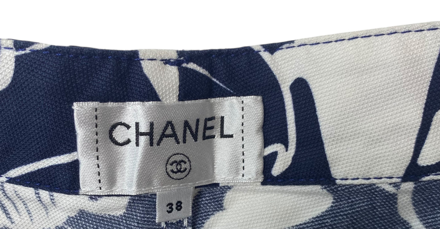 Chanel 2021 Coco Beach Navy Blue White Mini Cotton Shorts FR 38