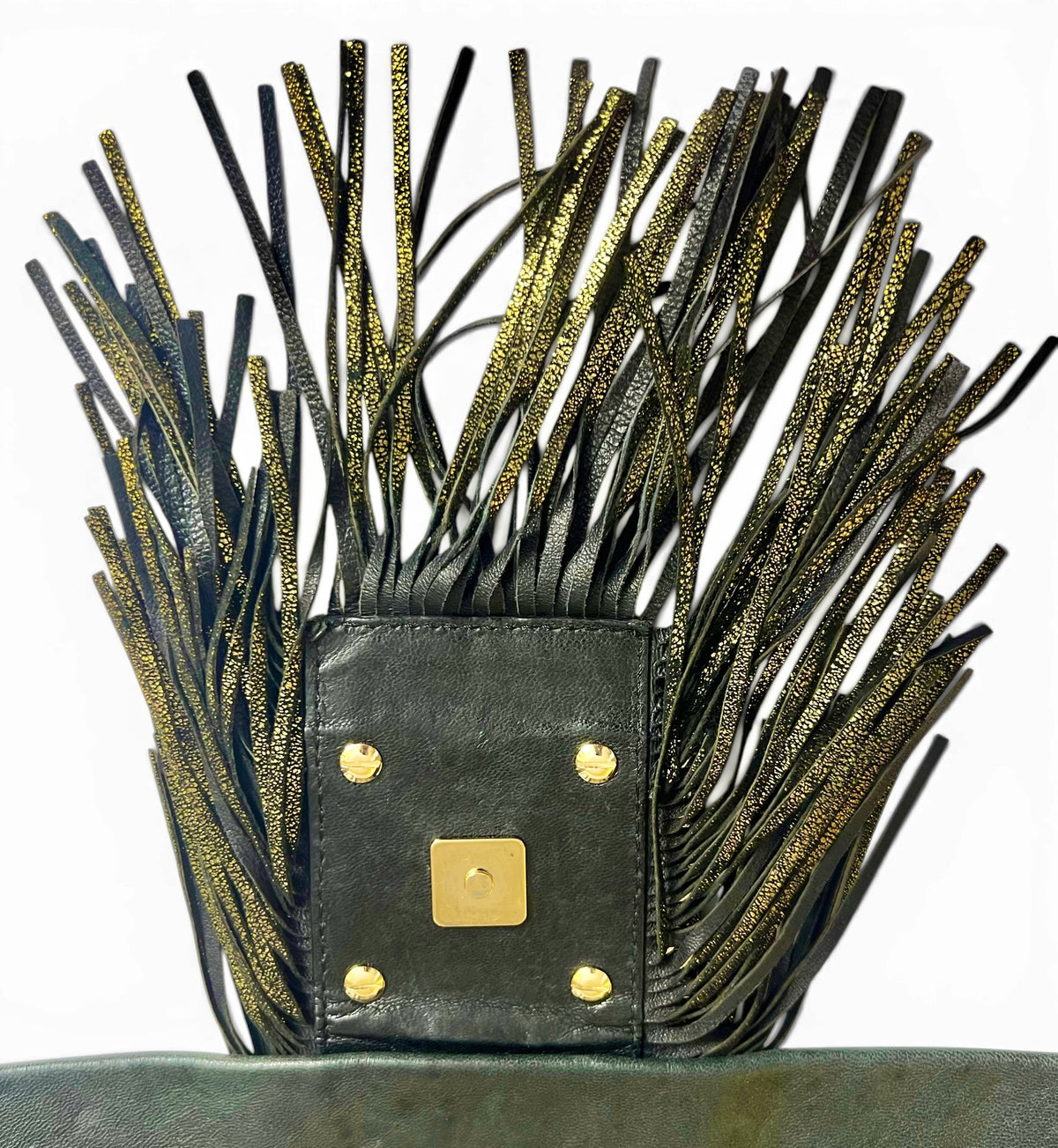 Vintage Fendi XL Black Gold Metallic Leather Wild Fringe Baguette Shoulder Crossbody Bag