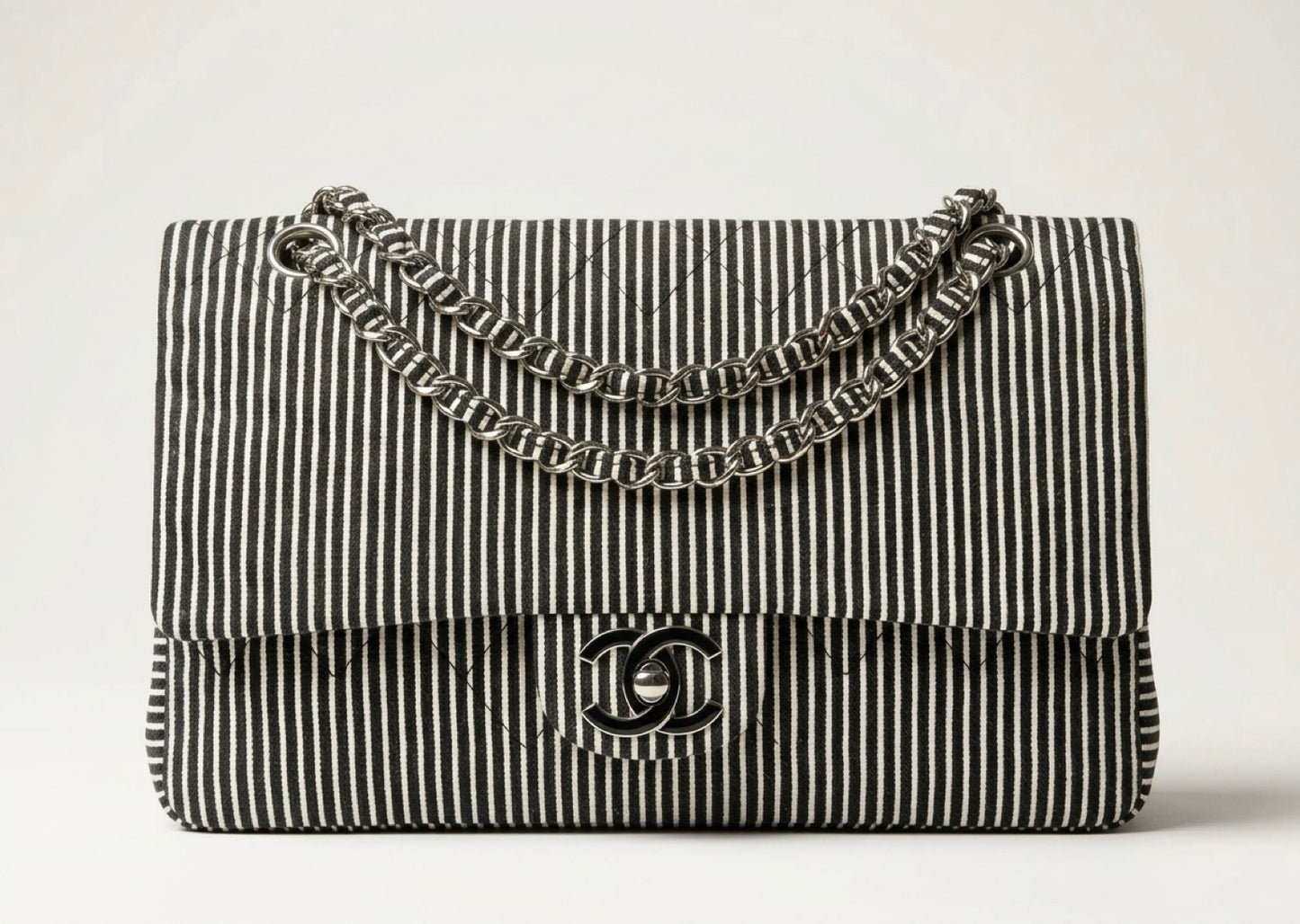 Chanel 08C Medium Black White Stripe Denim Canvas Classic Double Flap Bag