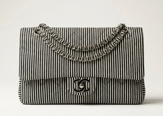 Chanel 08C Medium Black White Stripe Denim Canvas Classic Double Flap Bag