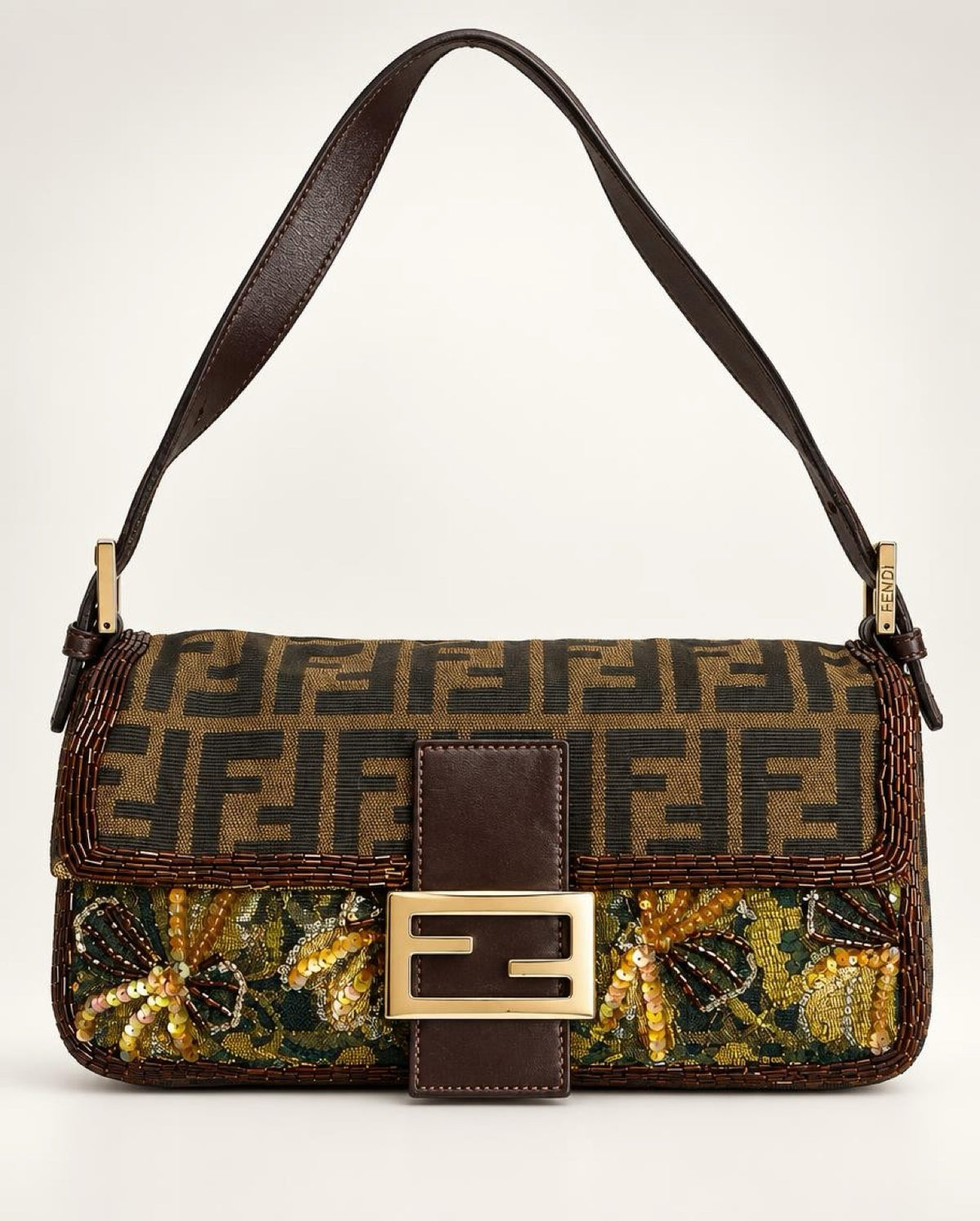 Rare Fendi Vintage Floral Lace Bead Embroidered Classic Zucca Baguette Bag