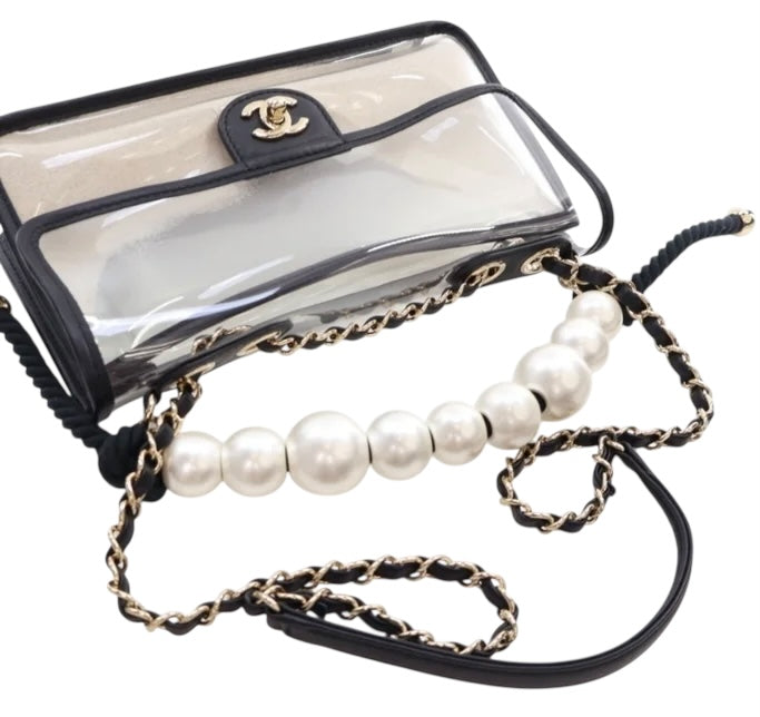 Chanel 19S Runway Medium Black Lambskin PVC Sand By The Sea Pearl Strap Flap Bag
