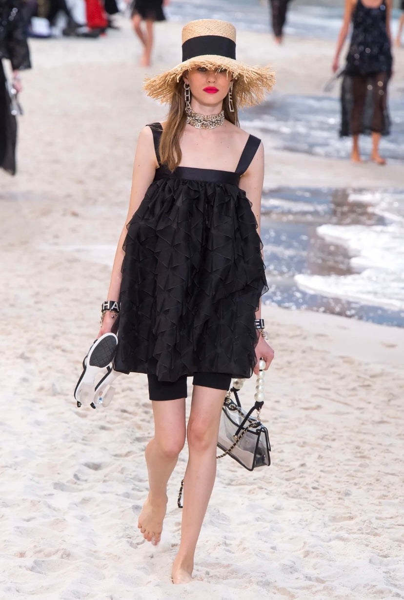 Chanel 19S Runway Medium Black Lambskin PVC Sand By The Sea Pearl Strap Flap Bag