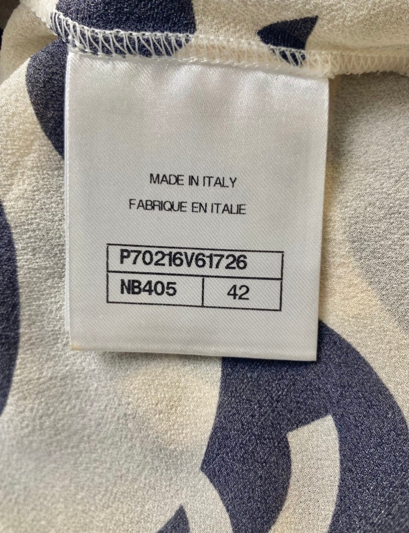 Iconic Chanel 21P Ivory & Black CC Wave Silk Midi Dress FR 42