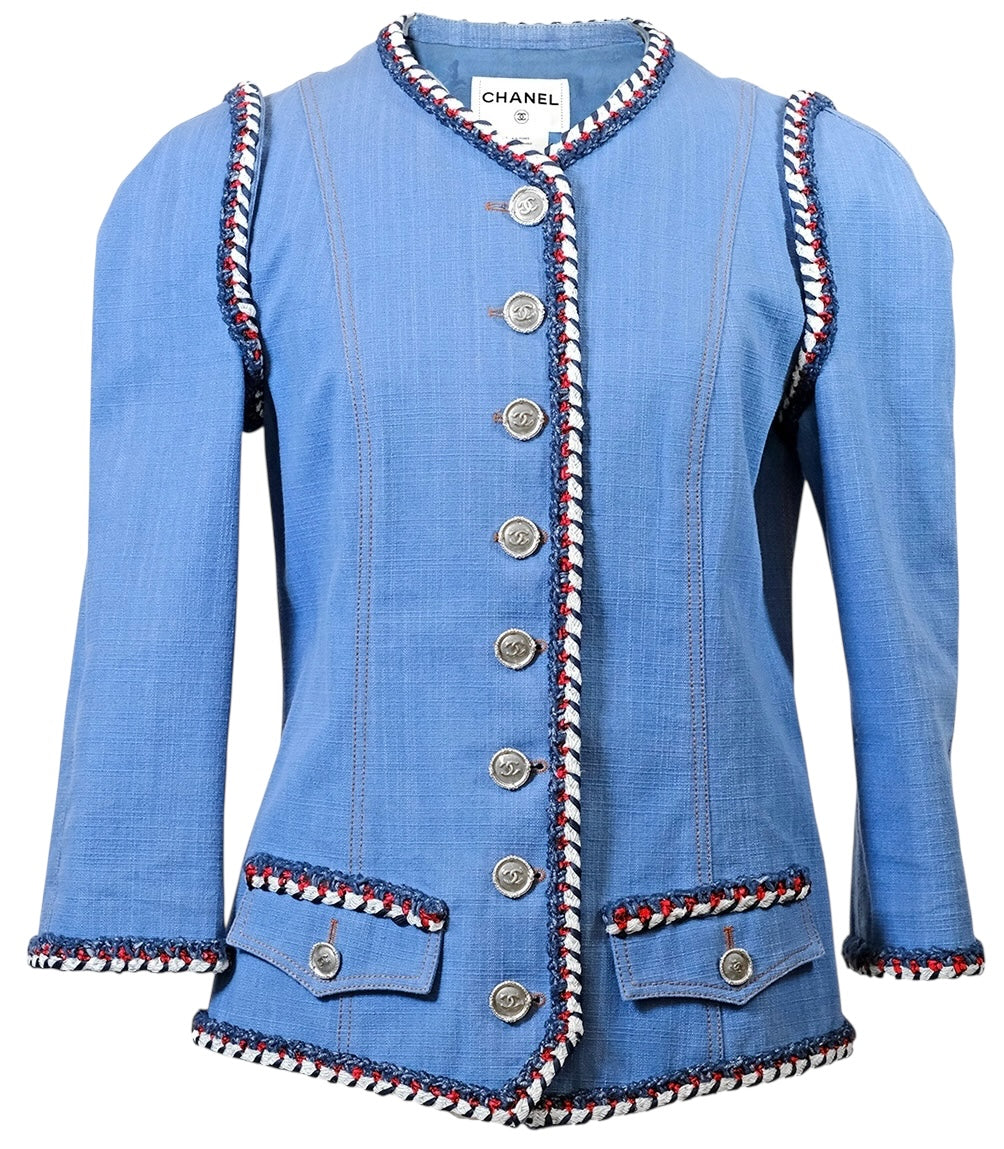 Chanel 13C Paris-Versailles Runway Blue Denim Braided Trim Jacket FR 38