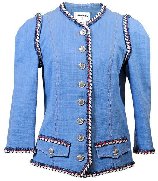 Chanel 13C Paris-Versailles Runway Blue Denim Braided Trim Jacket FR 38