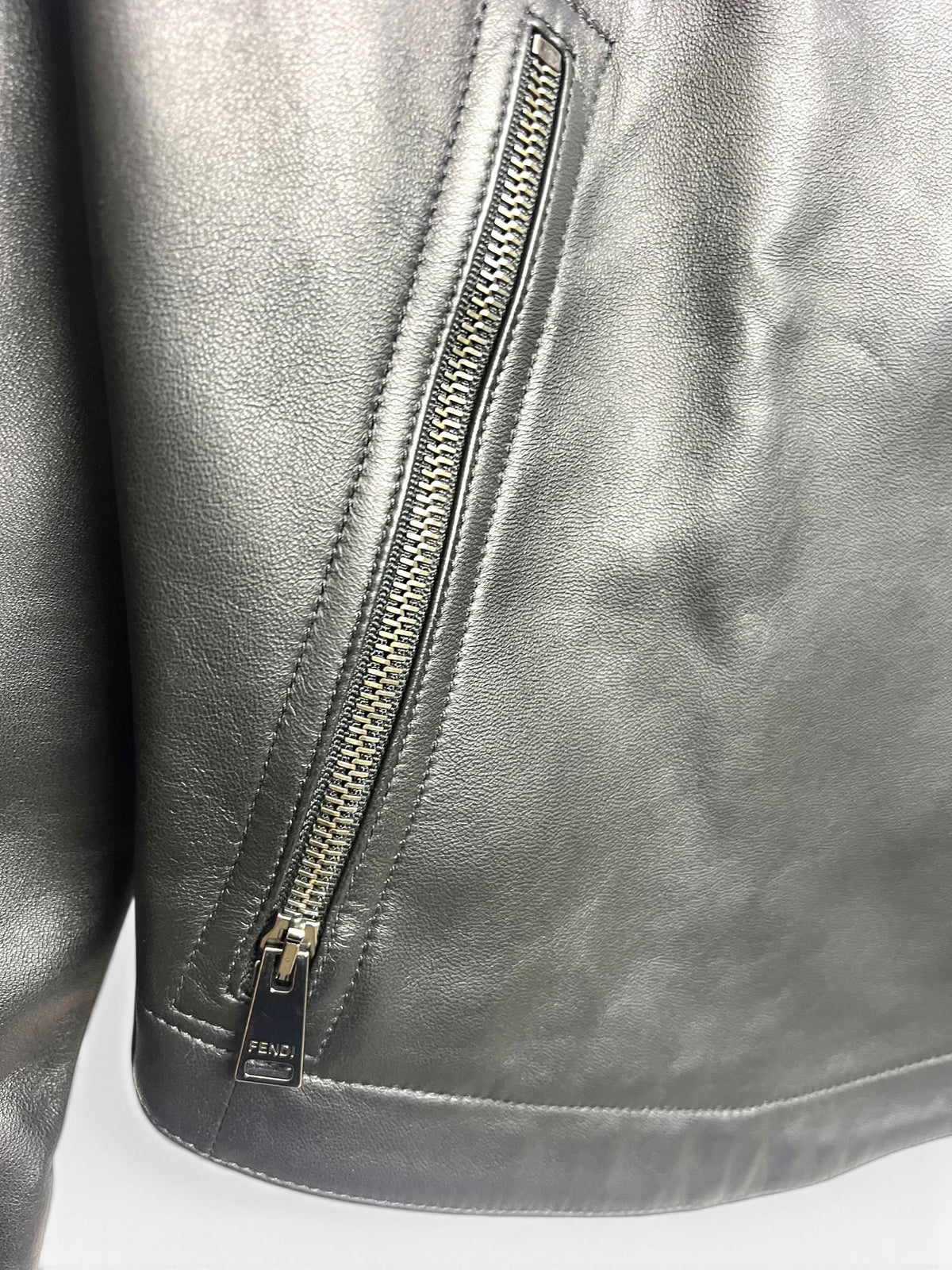 Fendi Black Leather Zucca Velvet Trim Biker Jacket IT 40