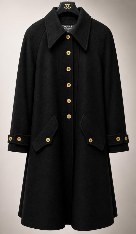 Vintage Chanel 94A Runway Black Oversized Cashmere Long Dress Coat FR 36
