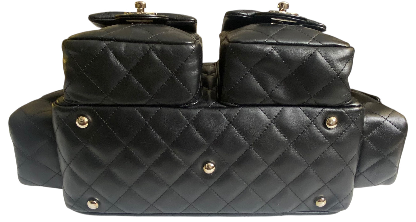 Chanel 2005 Small Cambon Reporter Black White Lambskin Handbag SHW