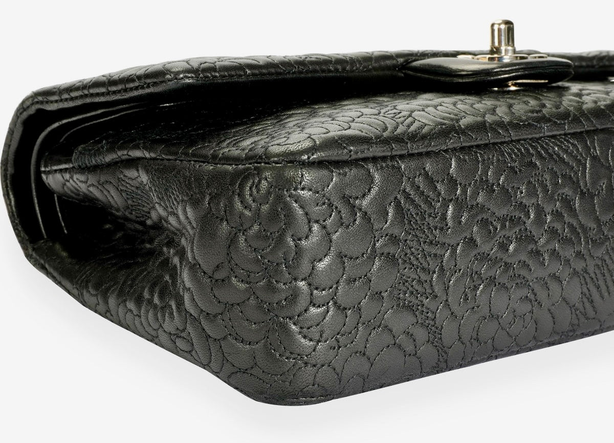 Chanel Medium Double Flap Black Camellia Lambskin Classic Timeless Bag SHW