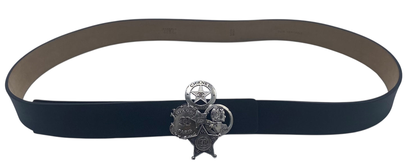 Chanel 14A Paris Dallas Black Leather Belt Size 95/38