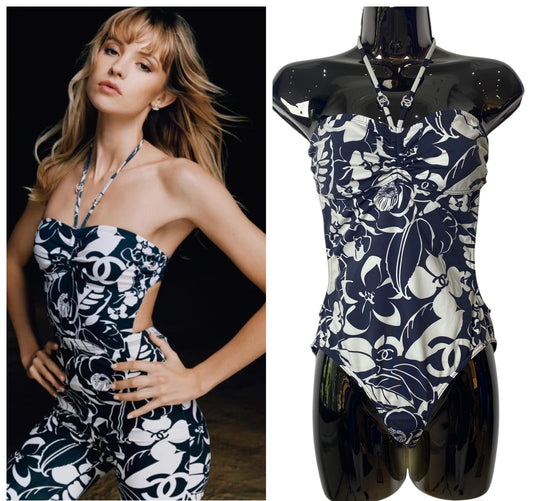 Chanel 2021 Coco Beach Black White One-Piece Swimsuit Bathing Suit FR 40