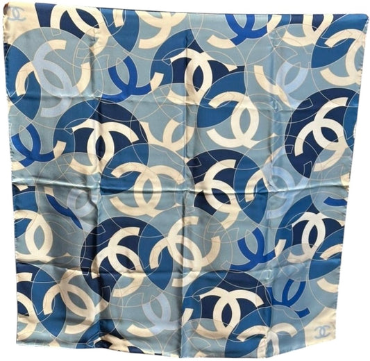 Chanel 2024 Large Blue CC Logo Silk Scarf