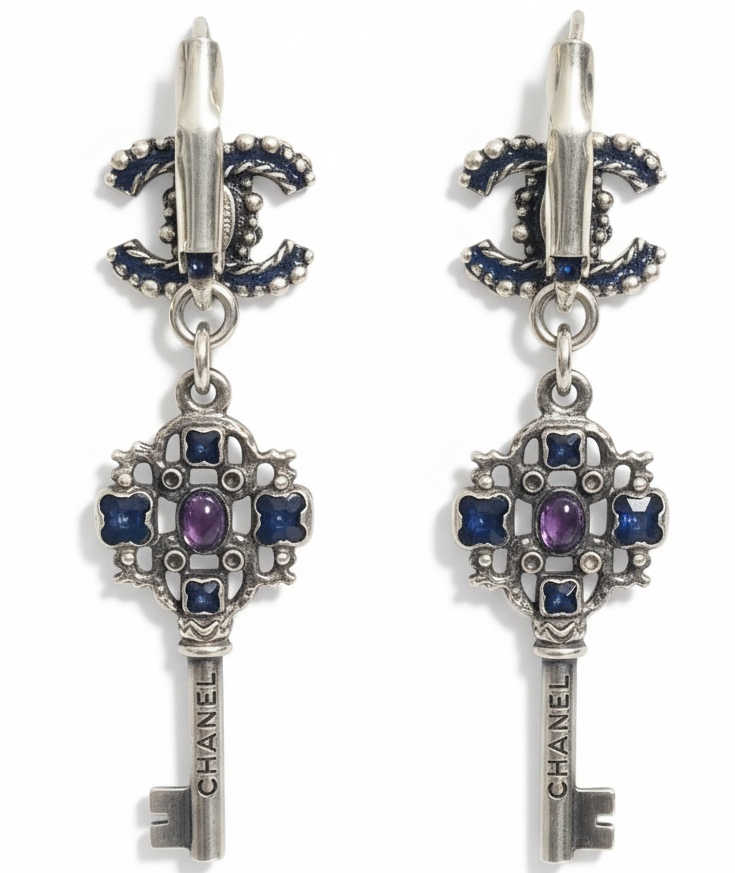 Chanel 17A Ritz Cosmopolite CC Key Dangle Drop Silver Pierced Earrings