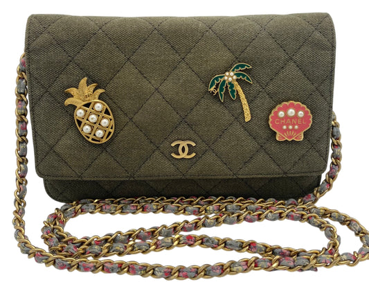 Chanel 17C Paris-Cuba Charms Military Green Canvas WOC Clutch Wallet on Chain