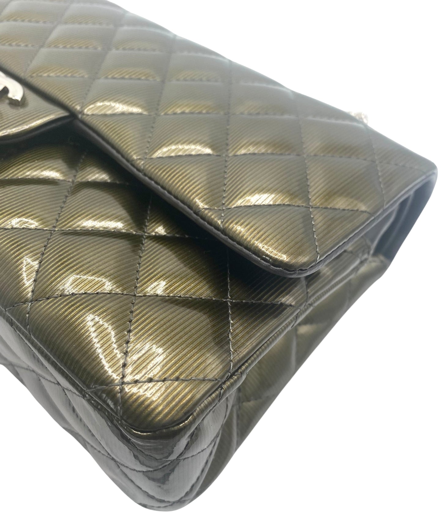 Chanel Medium Dark Green Straited Patent Leather Double Flap Timeless Classic Bag SHW