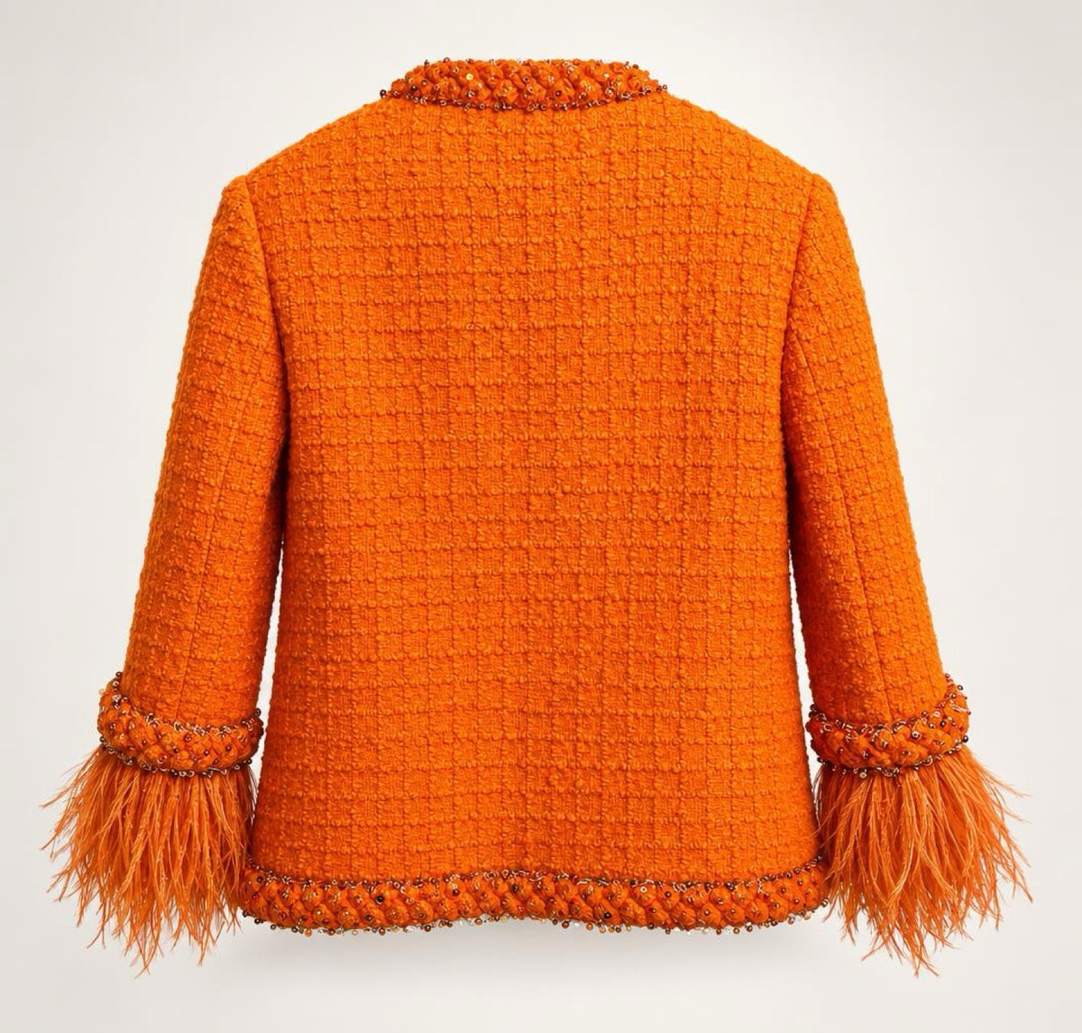 Valentino Orange Tweed Sequin Ostrich Feathers Jacket IT 38/40 US S/M