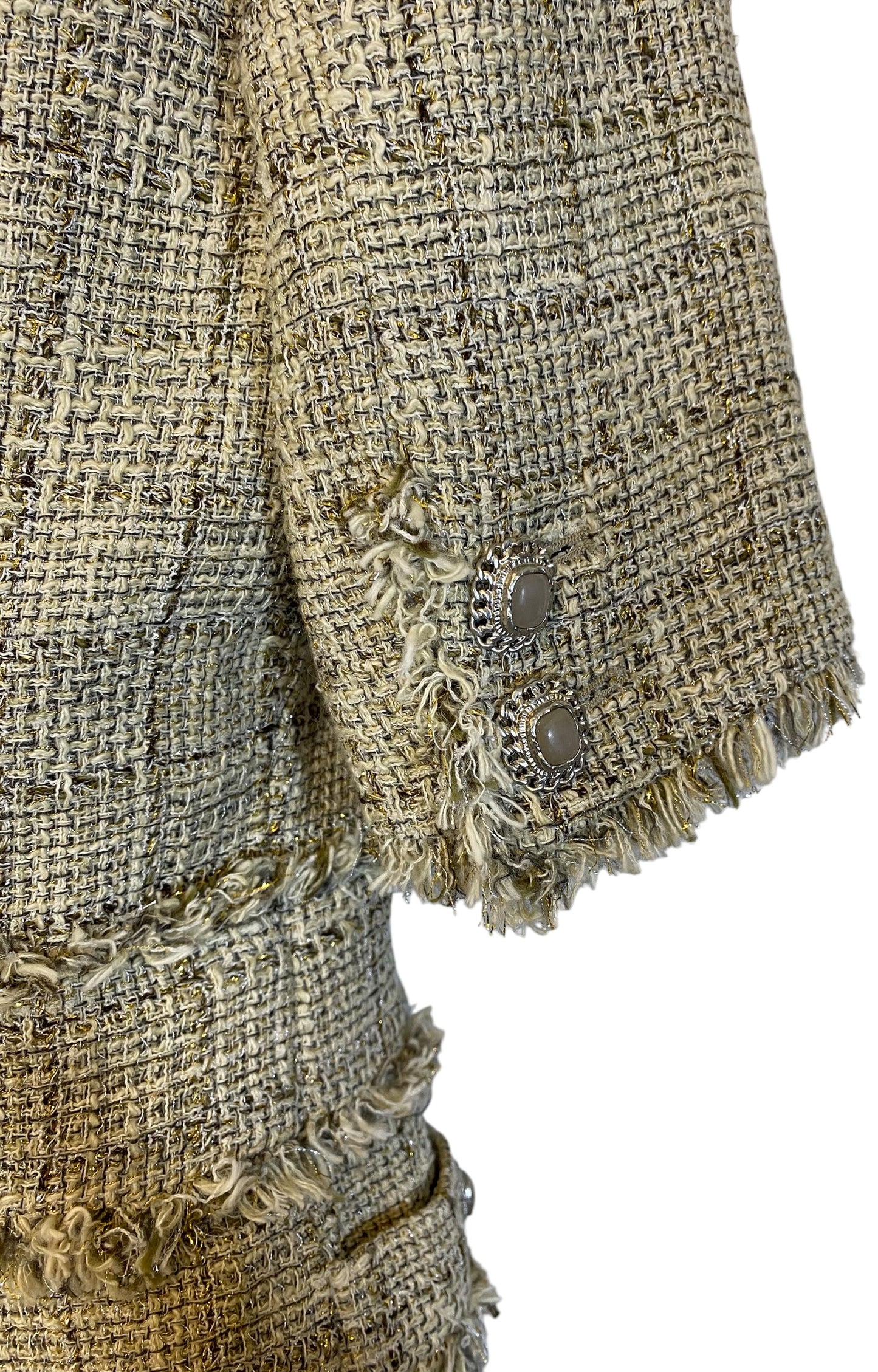 Chanel 10P Fantasy Tweed Beige Metallic Gold Jacket Skirt Suit Set FR 42/44