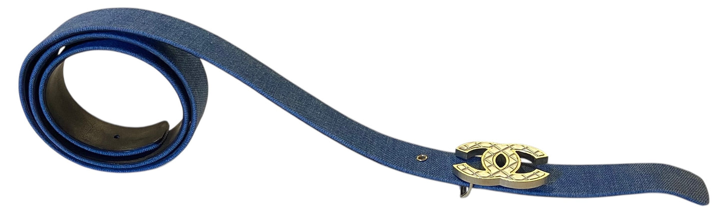 Chanel Airlines 16P Blue Denim CC Matte Silver & Gold Buckle Belt 90/36