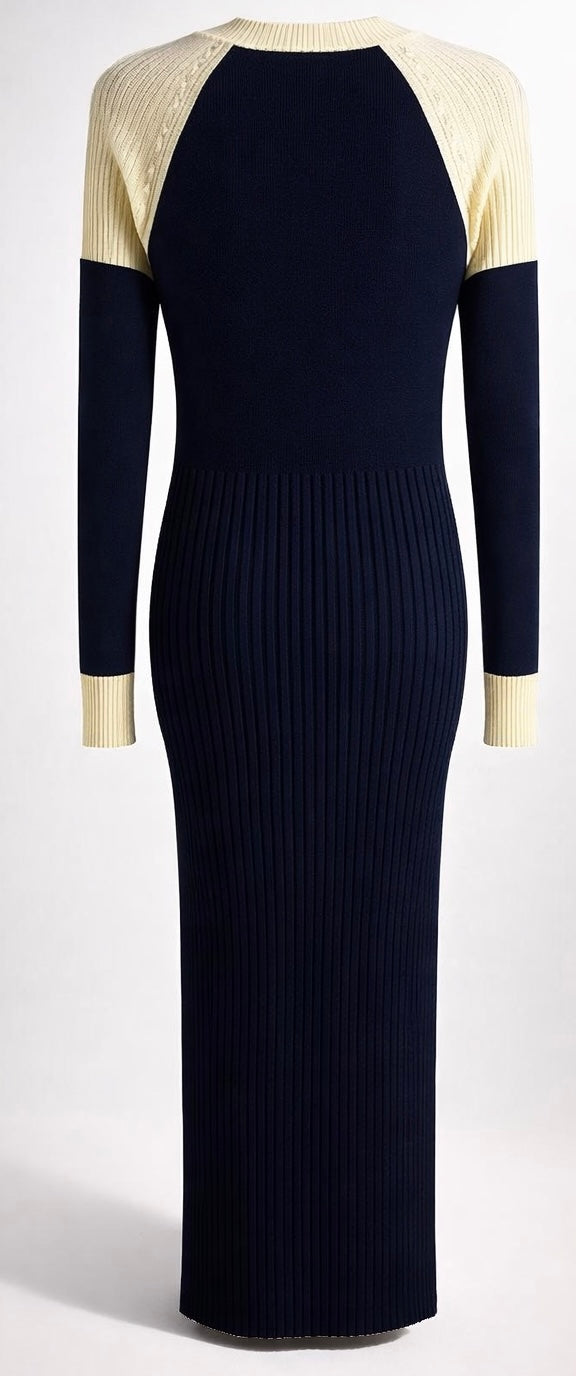 CHANEL 2019 MAXI BLACK CREAM WOOL SWEATER DRESS FR 44