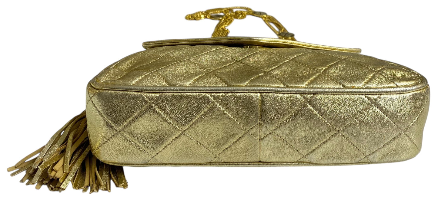 Rare 90’s Chanel Vintage Gold Quilted Lambskin Leather Multi Chain Jewelry Tassel Bag