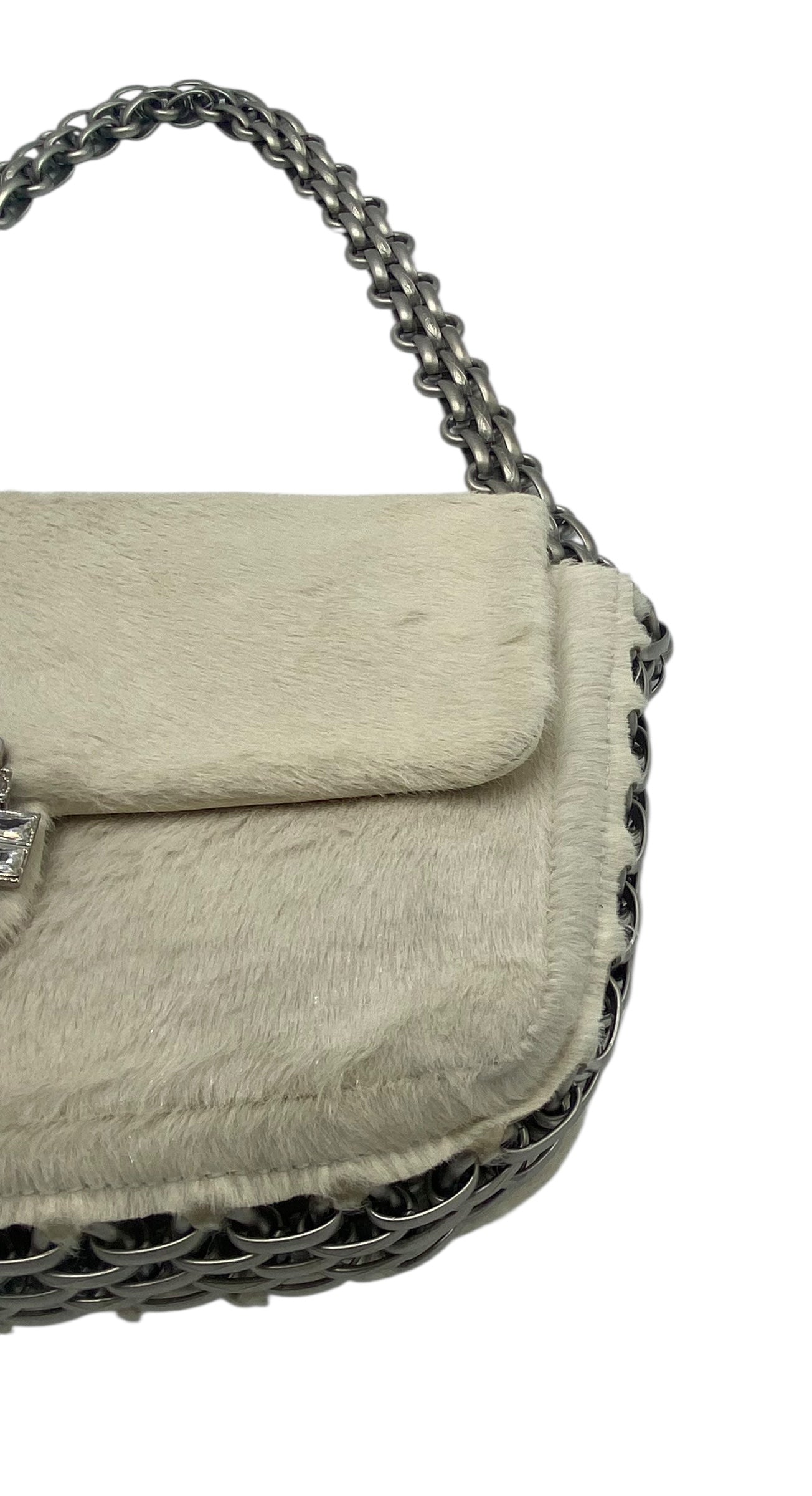 Rare Chanel White Shimmer Pony Hair Swarovski Crystal Chain Around Classic Medium Flap Bag