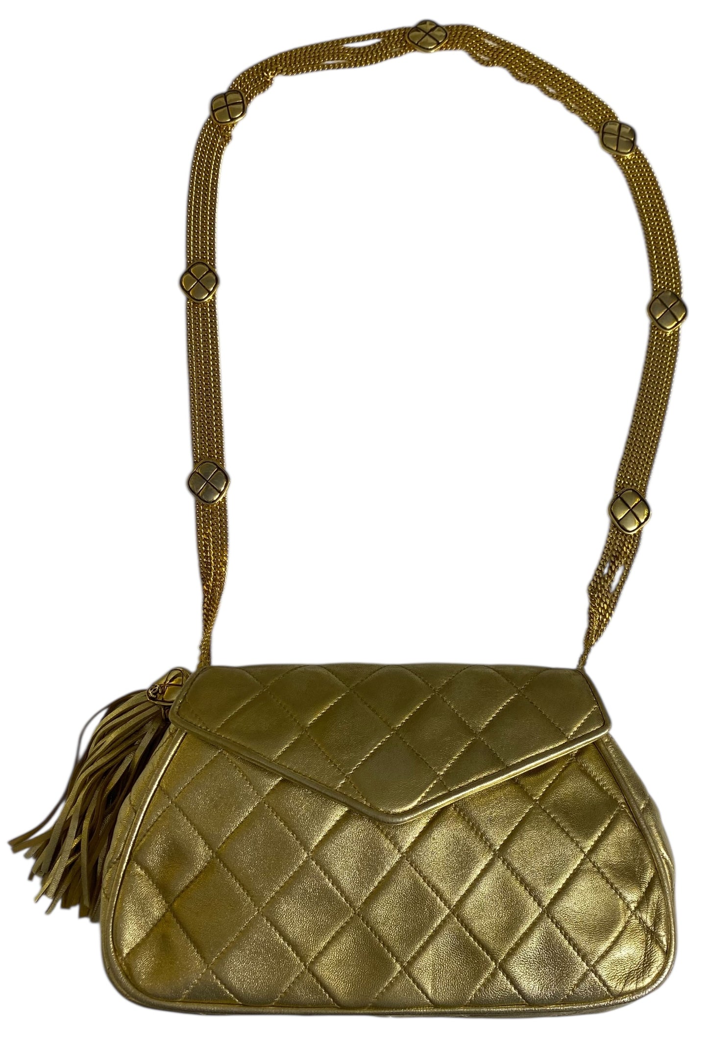 Rare 90’s Chanel Vintage Gold Quilted Lambskin Leather Multi Chain Jewelry Tassel Bag