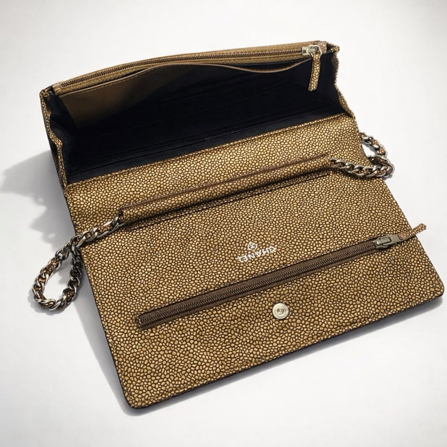 Chanel Caviar Bronze Metallic Double CC Wallet on Chain WOC