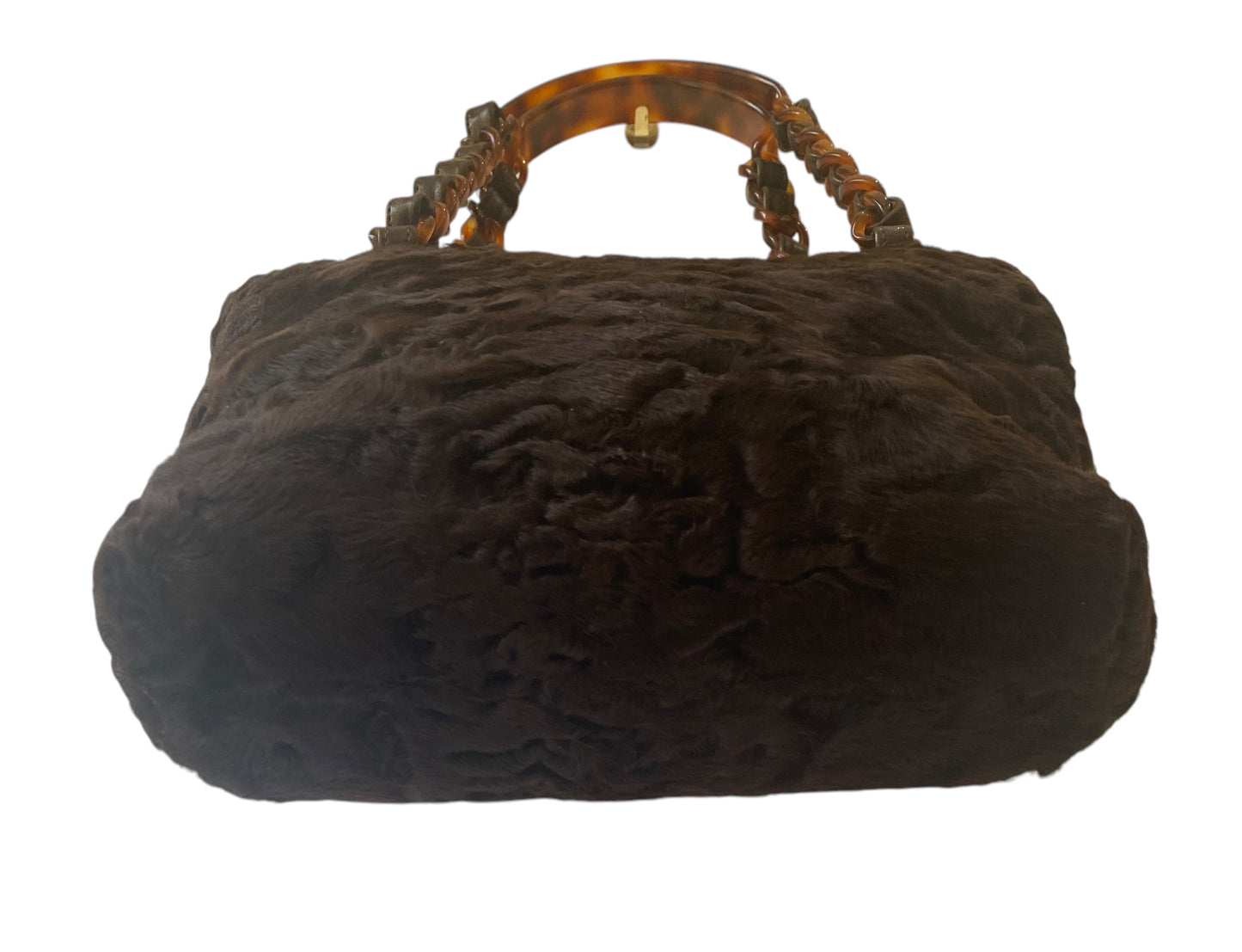 Rare Chanel 1998 Astrakhan Brown Soft Persian Lamb Tortoise Handle Mini Small Tote Bag