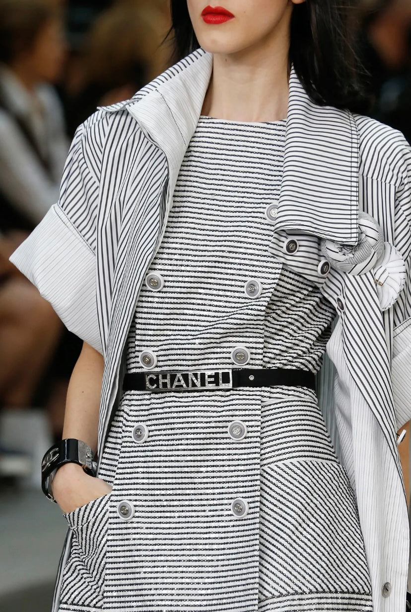 Chanel 15S Black Leather Grosgrain Crystal Letters Silver Buckle Belt Size 90/36