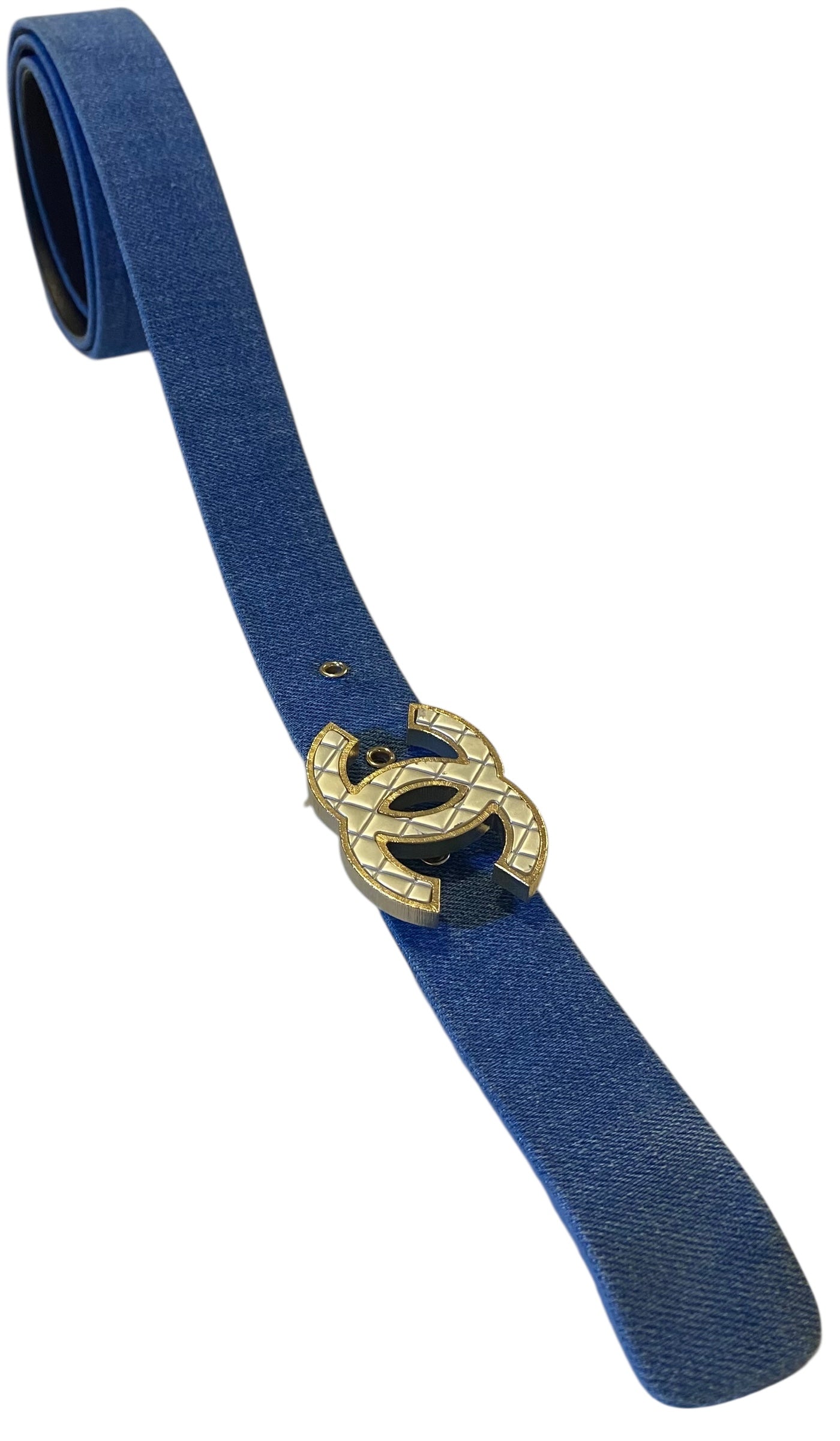 Chanel Airlines 16P Blue Denim CC Matte Silver & Gold Buckle Belt 90/36