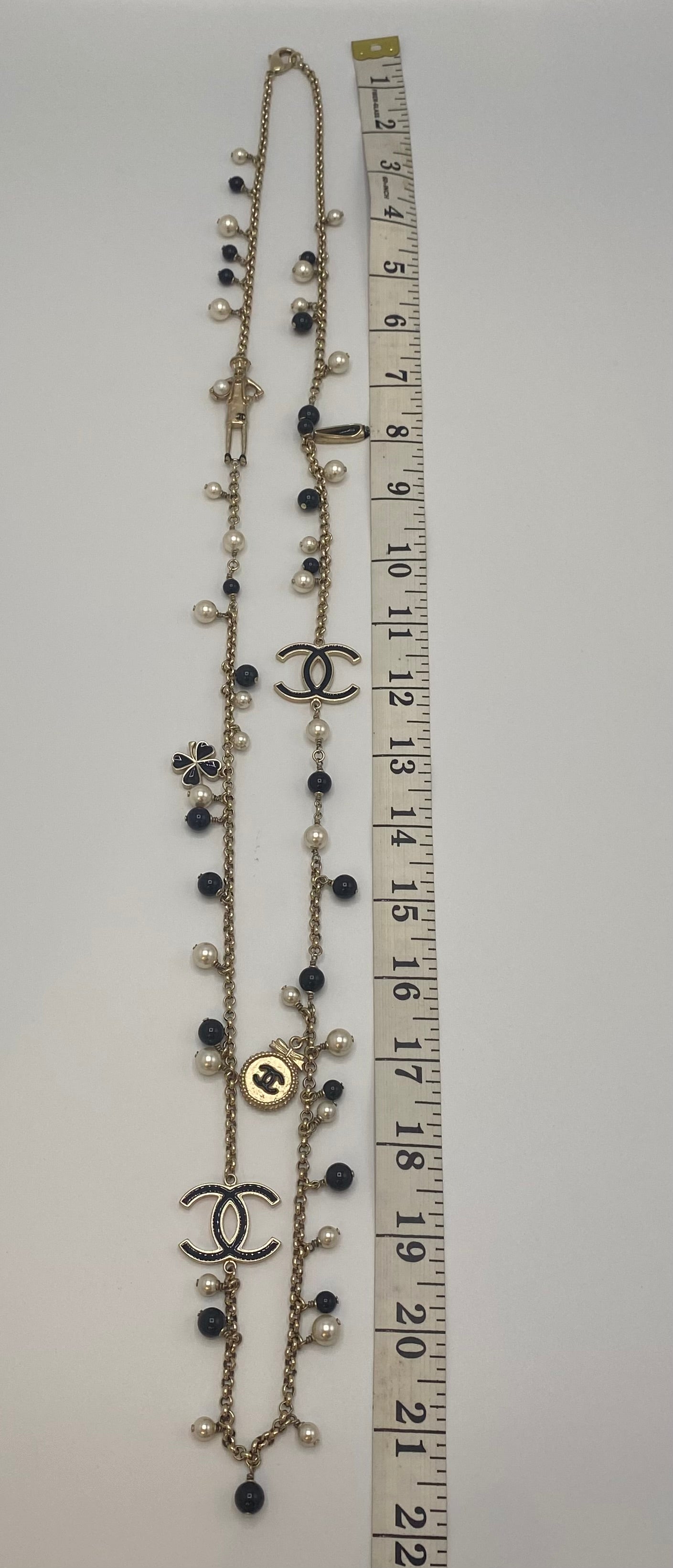 Chanel 14P Limited Edition Coco Lucky Charms Long Gold Black Pearl CC Necklace