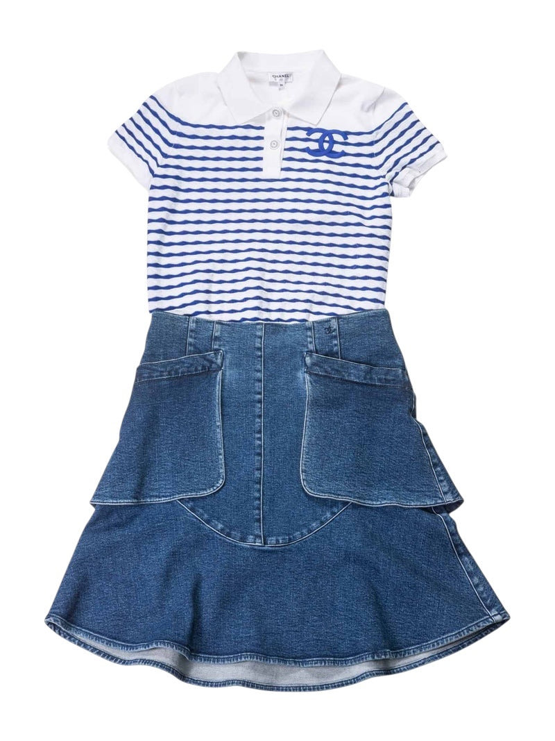 Chanel 19C La Pausa Cotton CC Logo Polo T-Shirt Stripe Blue White FR 36