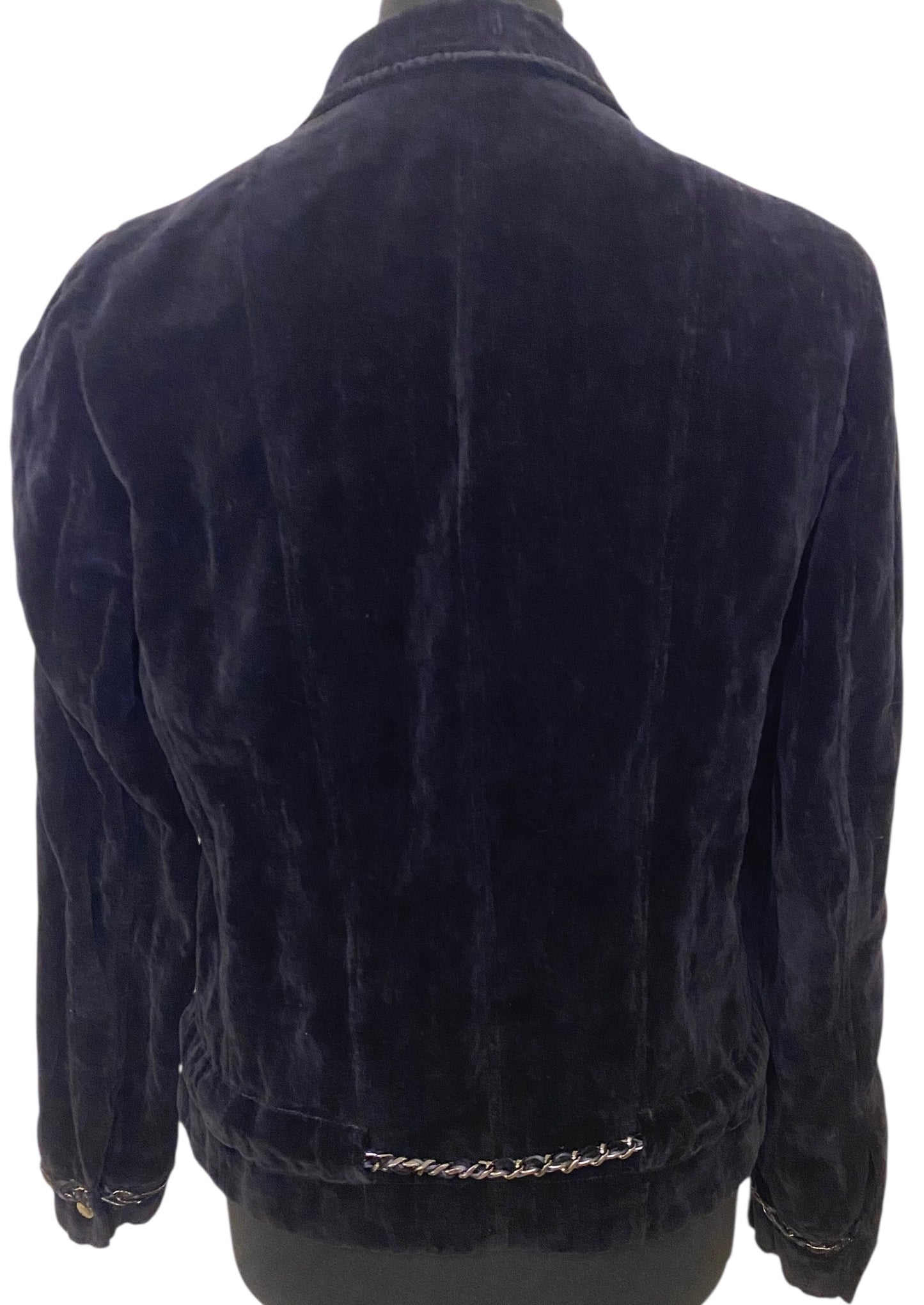 Chanel 06A Black Washed Velvet Bomber Biker Jacket Removable Chain Link Belt FR 48