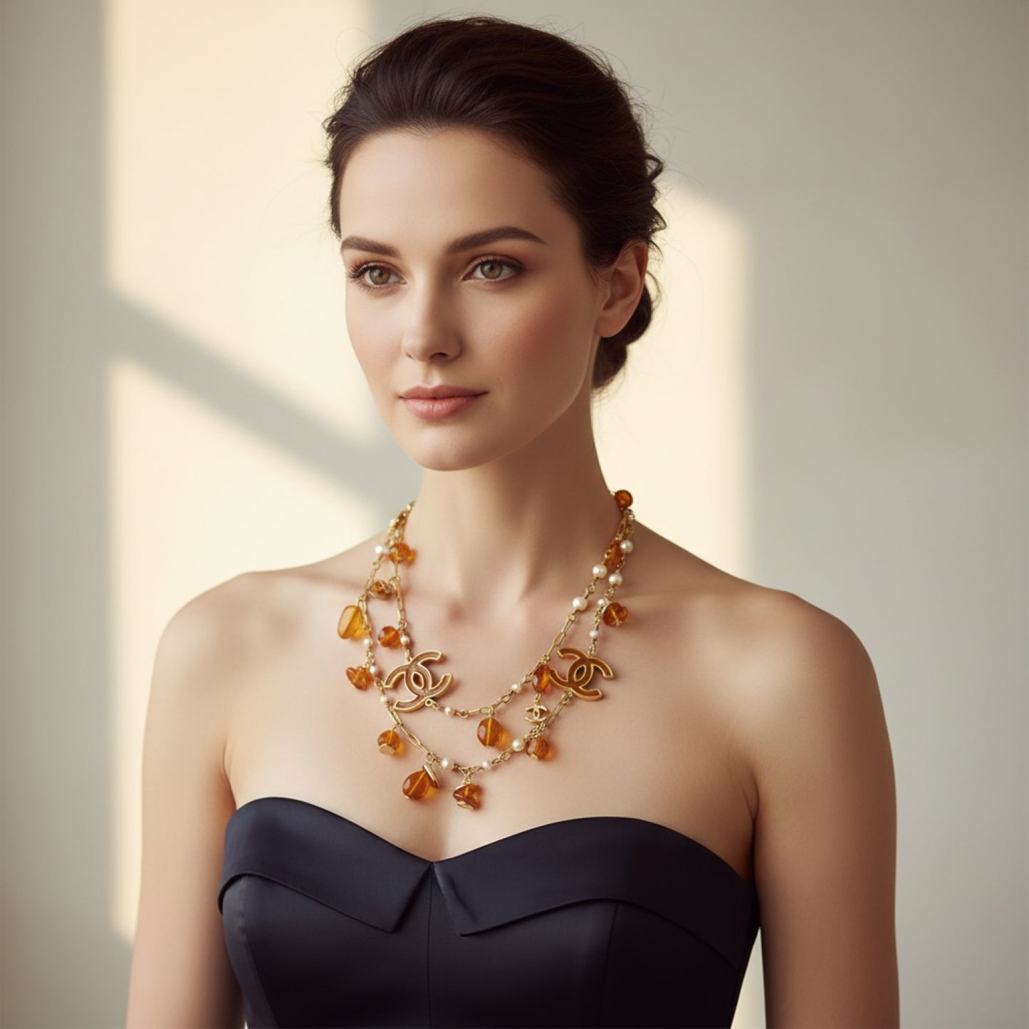 Chanel 11C St Tropez Amber Gold Long Strand Statement Necklace